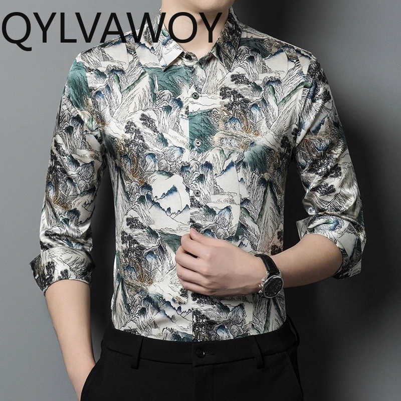 QYLVAWOY Men's Shirts 100% Mulberry Silk Spring Autumn Shirts for Men Long Sleeves Tops Printed Shirt Menswear Clothing Fashion