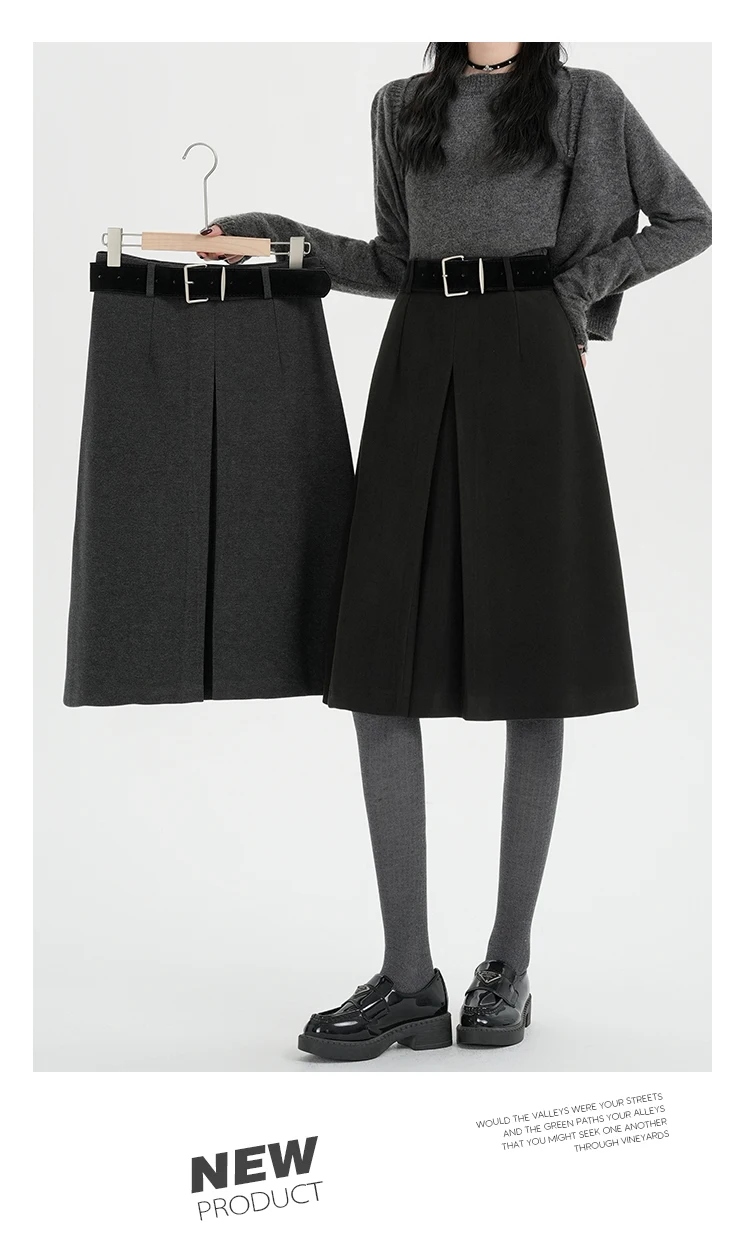 Hochgeschnittener Rock für Damen, Herbst/Winter 2026, Neuheit, Wollrock für Damen, Grau oder Schwarz, A-Linien-Rock für Damen mit Gürtel, Bestseller – Detail 20