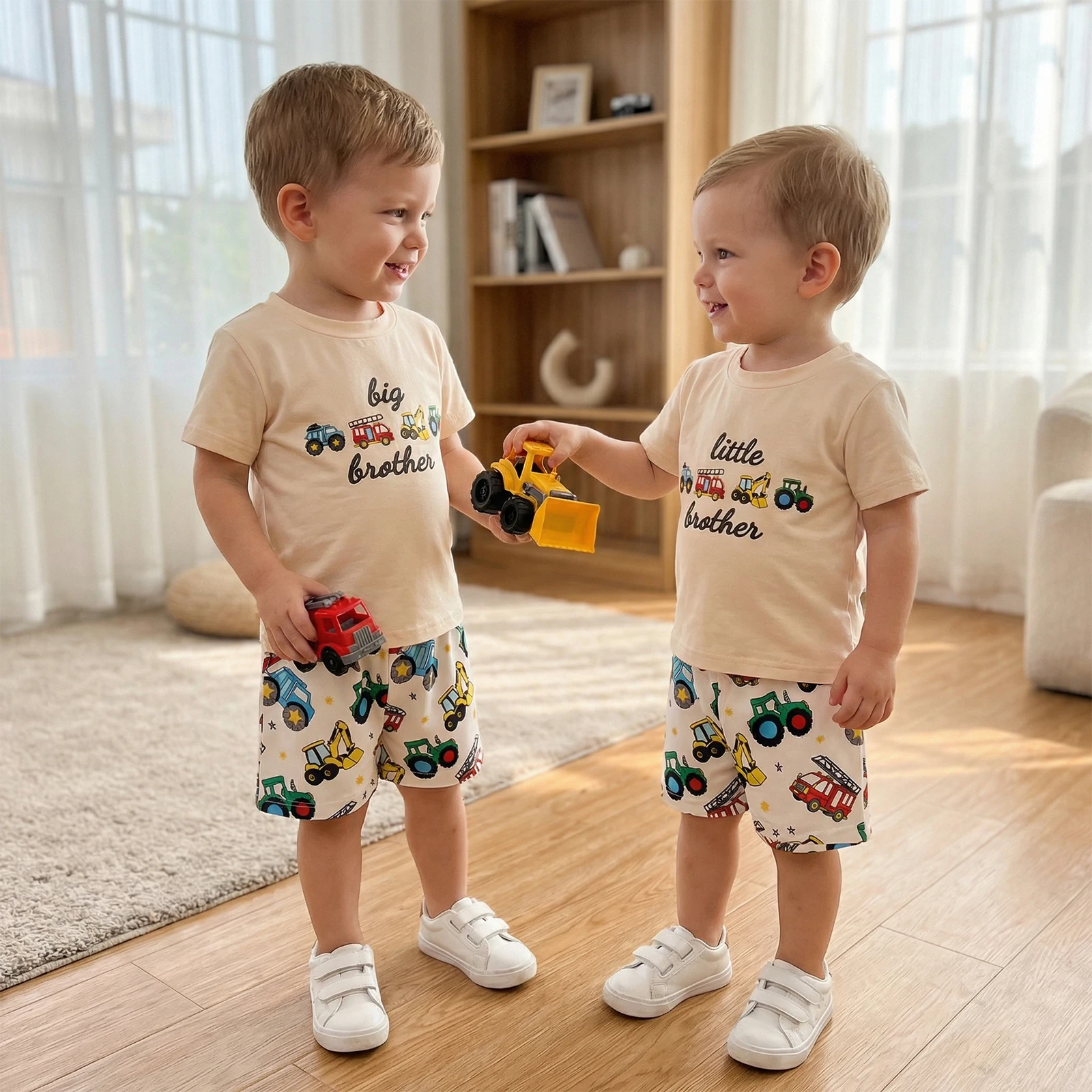 

2026 Fashion Little Brother Summer Outfits Toddler Baby Adorable Vehicle Letter Print Short Sleeve Round Neck Tops Shorts Set