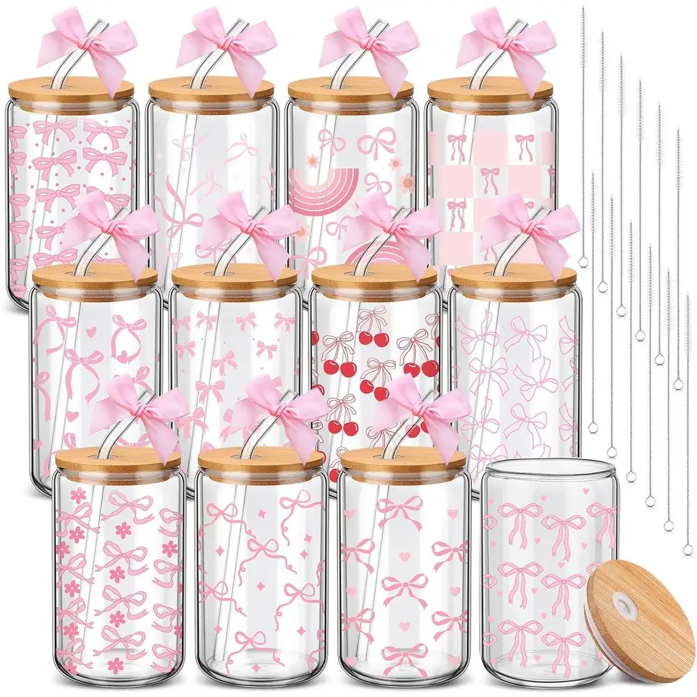 

16 oz Pink Bow Glass Cups with Lids & Straws, Cute Cherry Iced Coffee Mugs for Mom's Day Gifts