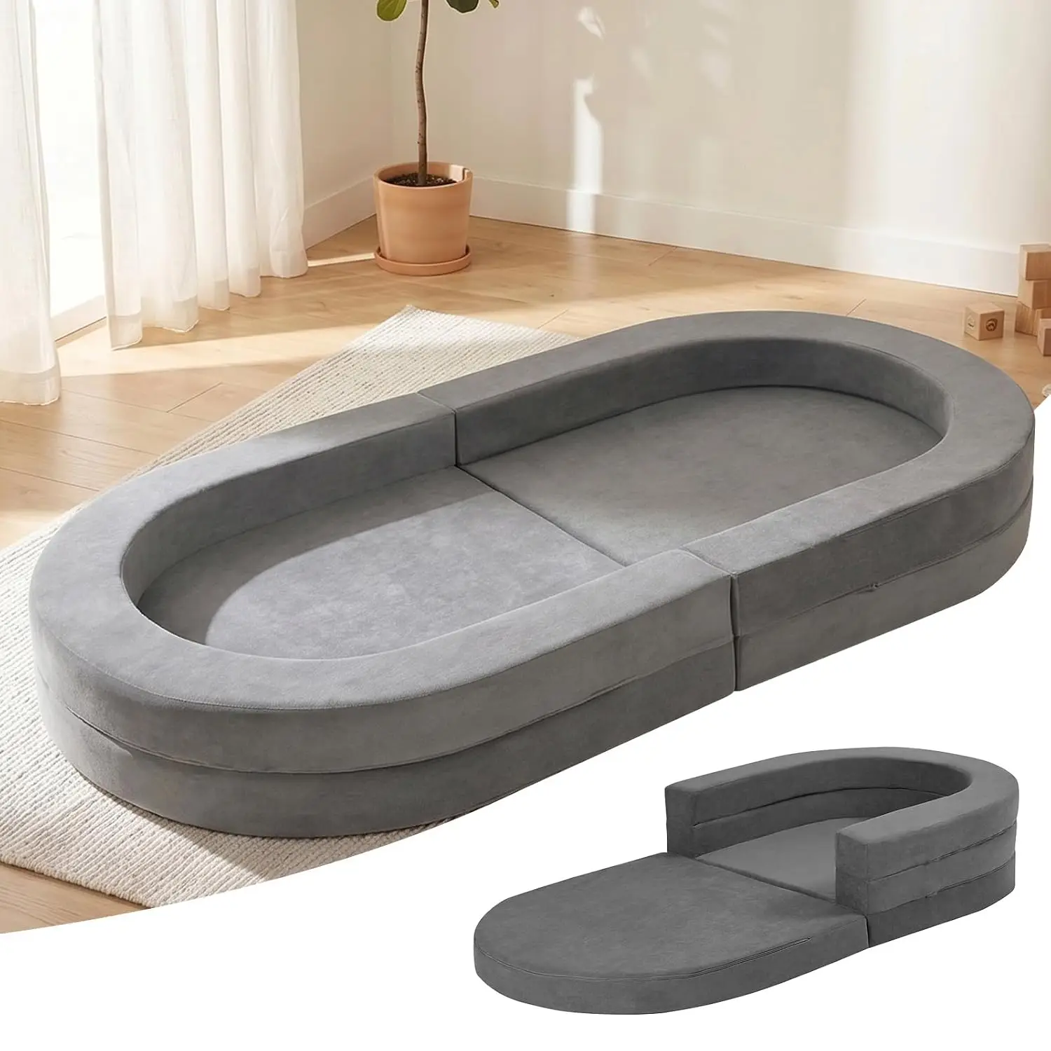 Toddler Travel Bed, 3-in-1 Portable Folding Toddler Seat, Soft Foam Floor Lounger Bed with Washable Cover, Gray