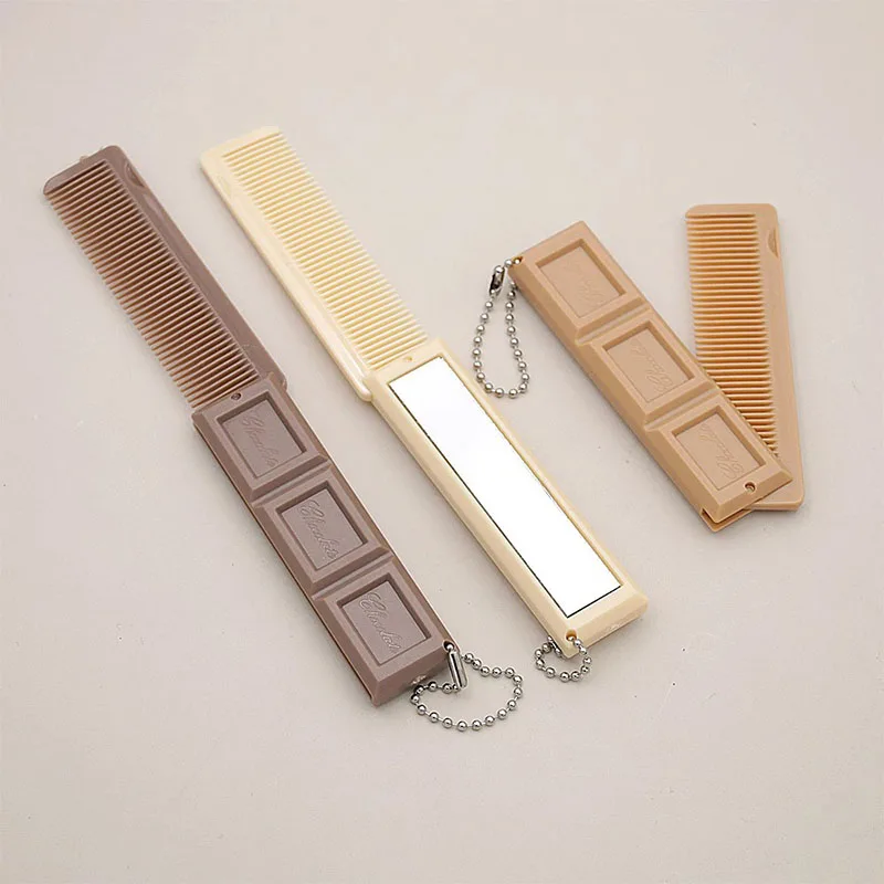 -2 in 1 Folding Chocolate-Shaped Folding Comb with Mirror Portable Massage Comb Brush for Salon Travel Hair Smooth Styling Tools