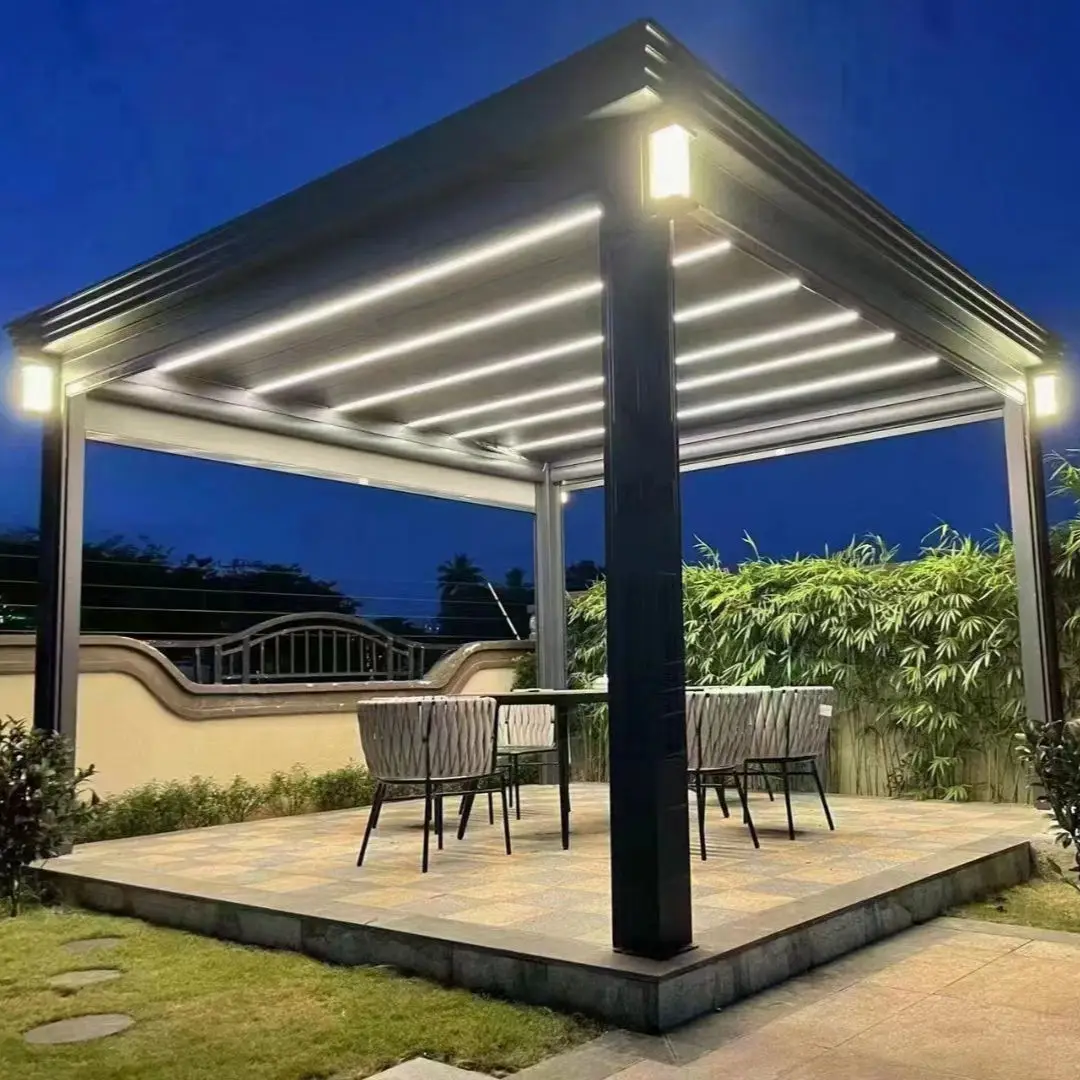 3x5mAluminum louver roof pergola and gazebo outdoor with glass sliding doors and LED light