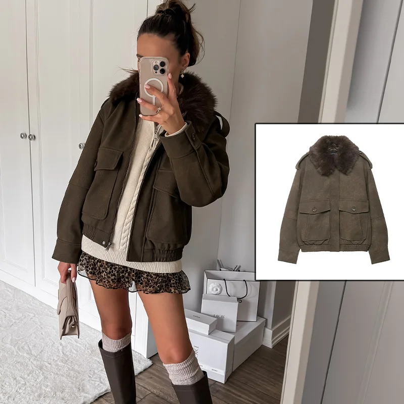 

2025 женская модная куртка с меховым воротником, пальто, коричневая однотонная армейская зеленая винтажная тонкая укороченная кожаная куртка, женская уличная верхняя одежда