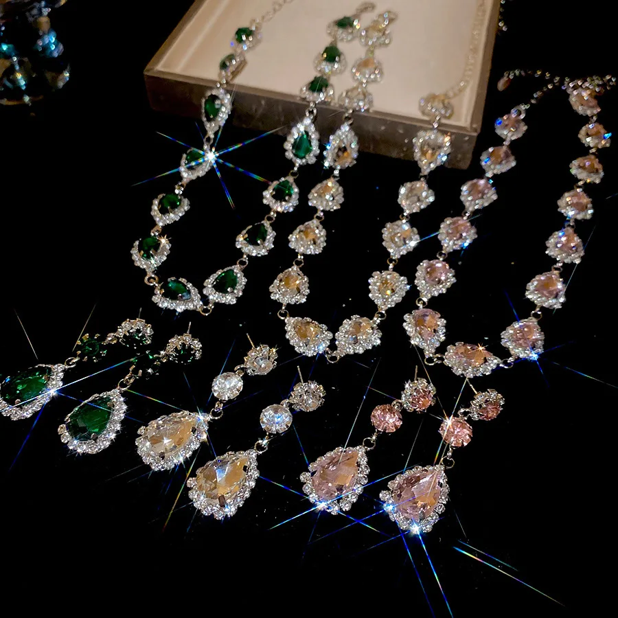 3 Colors Luxurious Round Rhinestones Pendant Necklaces Water Drop Dangle Earrings Party Bridal Wedding Collection Set Gifts B