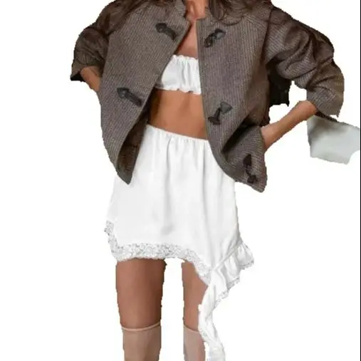 

Retro Irregular Satin Short Skirt with Women's Lace Patchwork Asymmetrical Skirt Sweet Spicy Girl High Street Ribbon Half Skirts