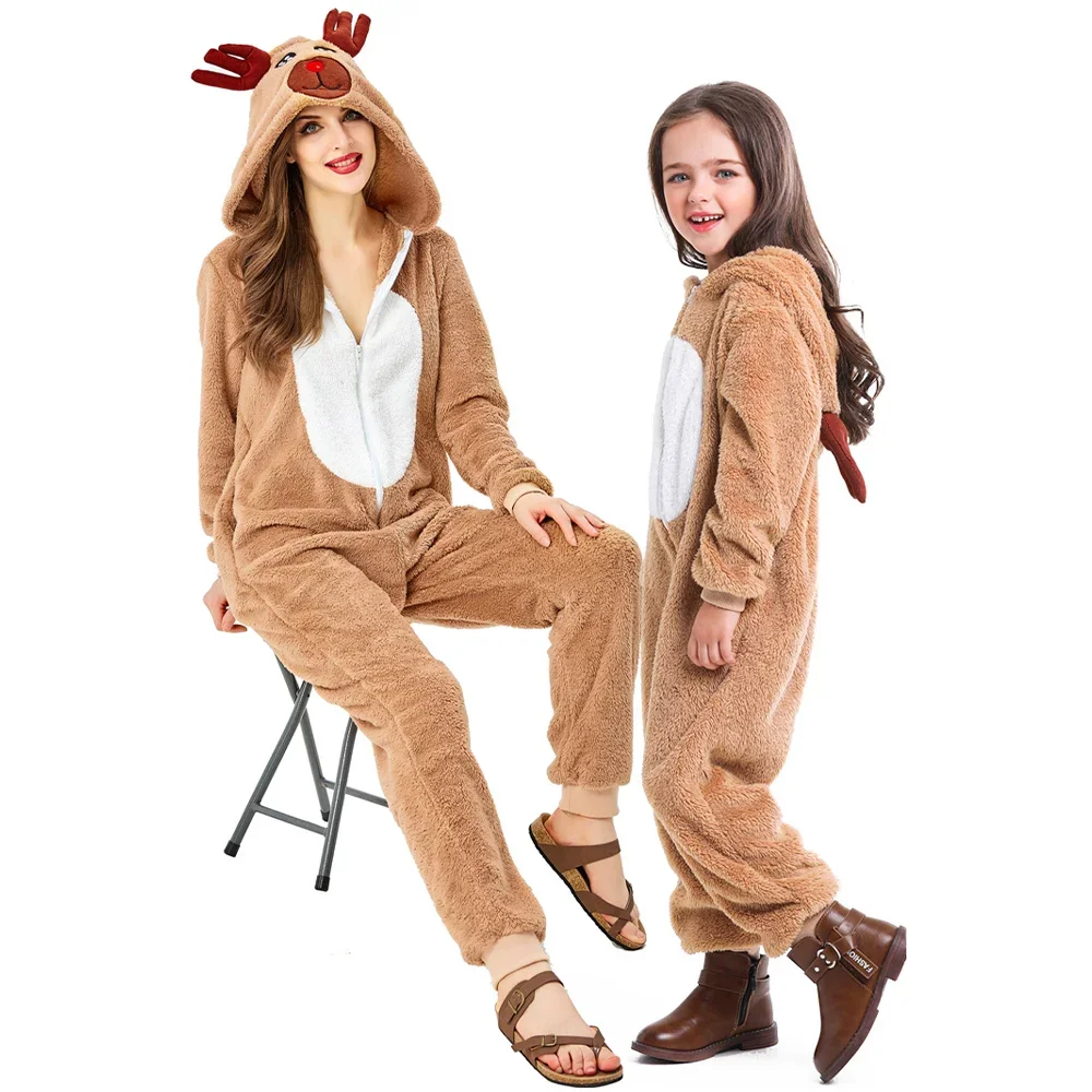 Christmas Reindeer Jumpsuits Role-playing Animal Suit Elk Coral Fleece Couple Costume Parent-child Hooded Deer Clothing Pajamas