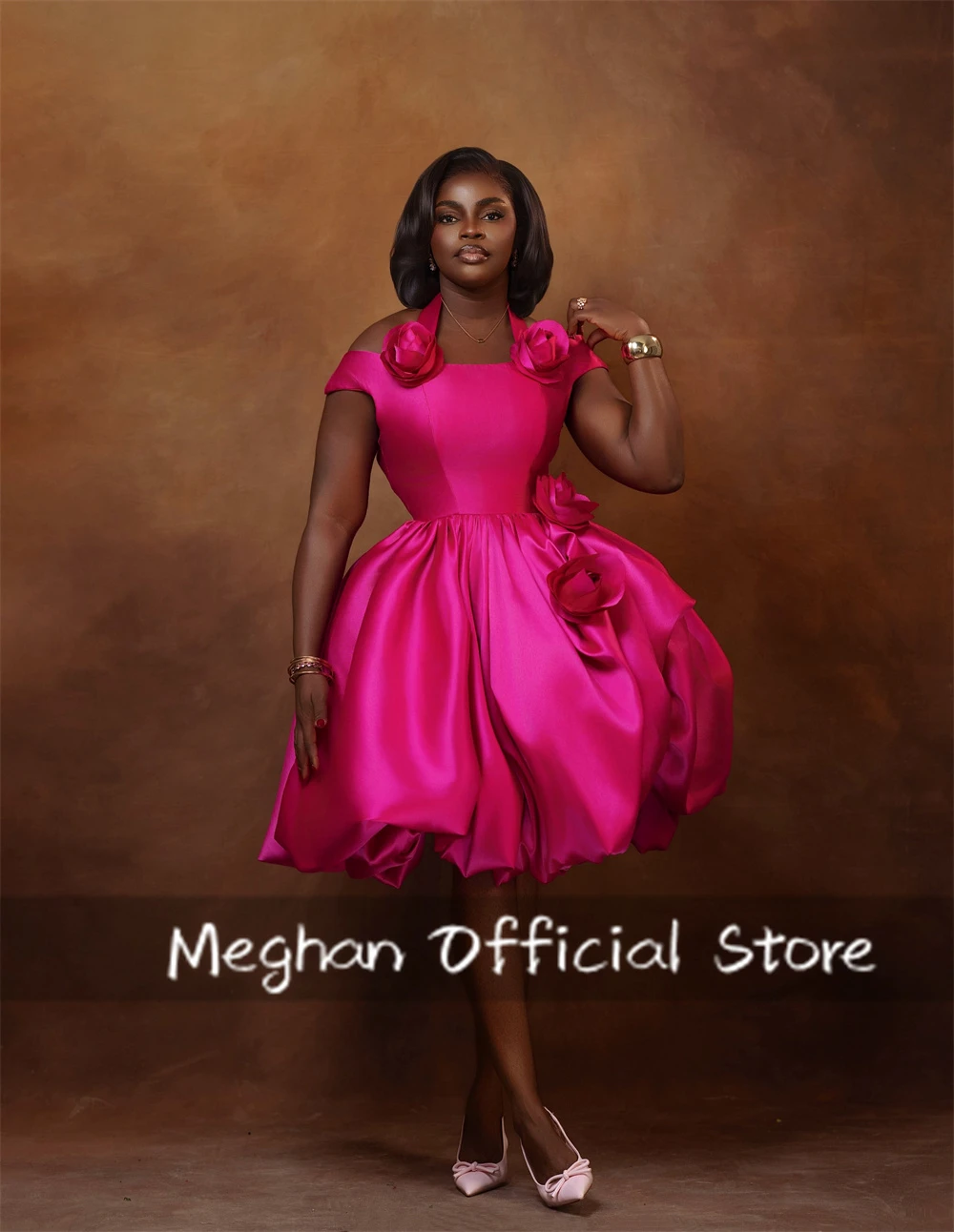 Fuchsia Short Ballgown Prom Dresses Off‑Shoulder Short Sleeve Evening Dress 3D Rose Flower Appliques Gowns Customized