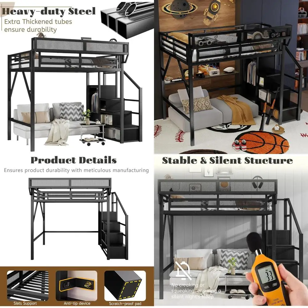 

Прочная металлическая кровать-чердак с лестницей, полками для хранения и шкафом для детей и подростков - не требует пружинного блока (черный)