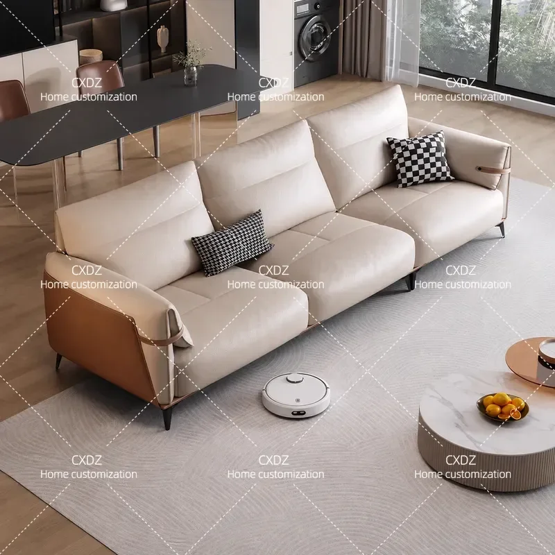 Italian Minimalist Leather Sofa Modern Light Luxury Straight Row Double Seater for Living Room Small Apartment 2025 New
