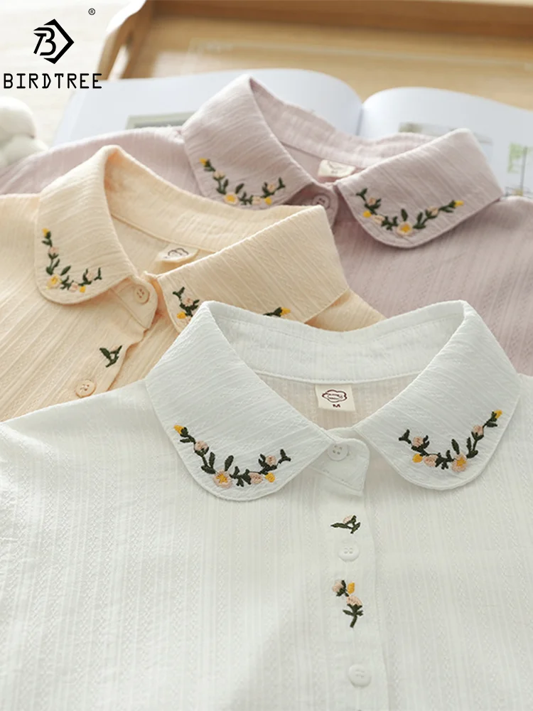 

New Spring Cotton Sweet Shirts Women Single Breasted Short Sleeve Tops Girl Cartoon Loose Causal Blouses 2024 Summer T44187QM