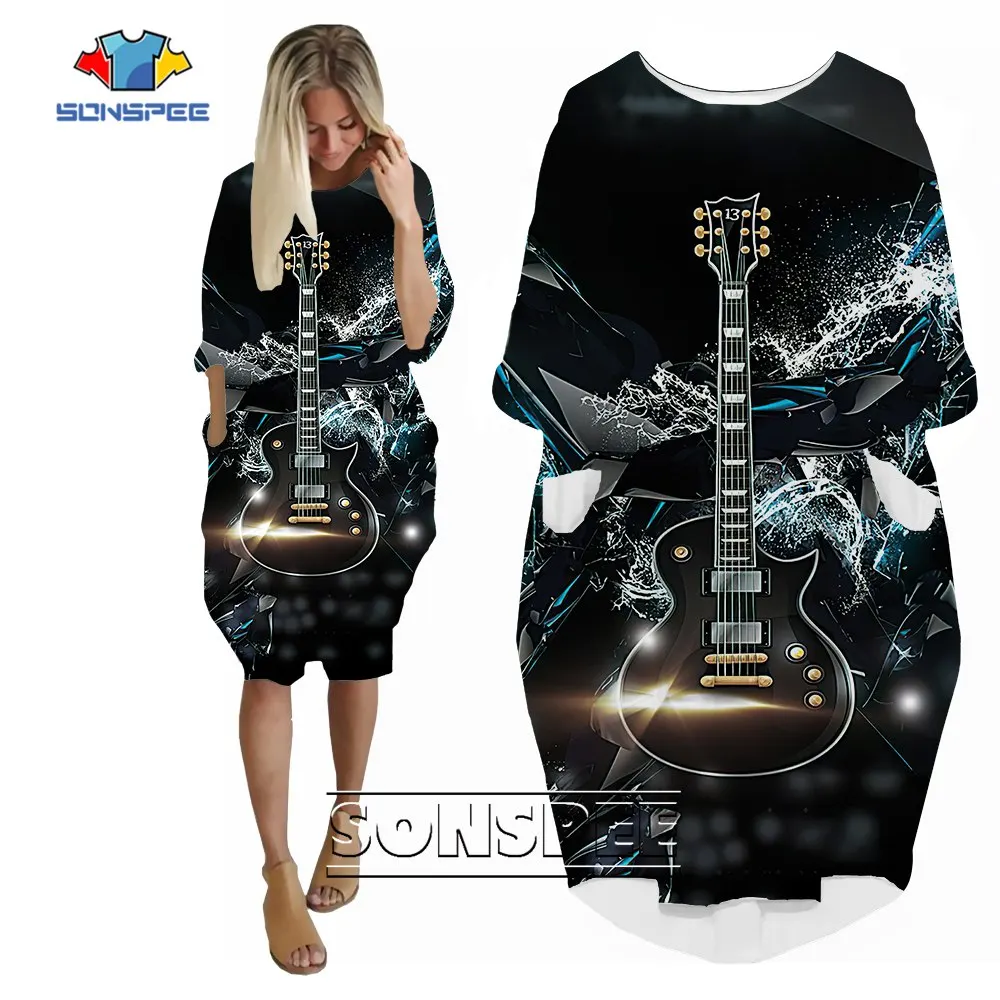 

SONSPEE Sax Violin 3D Printed Dress Long Sleeve Punk Retro Pocket Skirt Guitar Violin Vintage Hip Hop Funny Robe Hip Hop Dresses