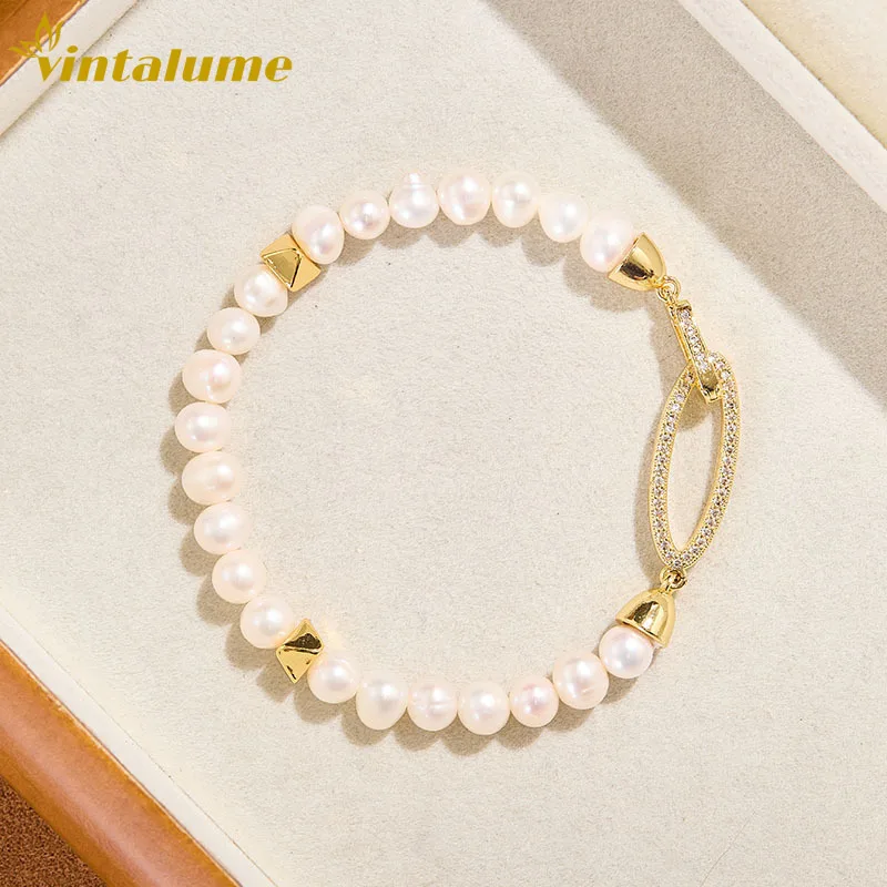 

Vintalume Freshwater Pearl Beaded Strand Bracelet Women Cubic Zirconia Fashion Jewelry Dainty Trendy 19cm Stack Bracelets Gift