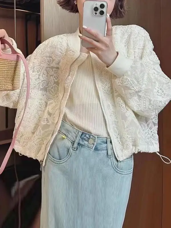 Versatile Lace Sun Protection Outerwear Women's Spring Summer 2025 Small Size Elegance Me Hollow Embroidery Long Sve Top