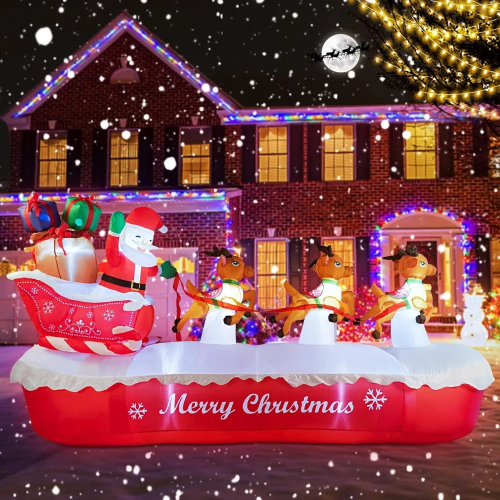 

10 FT Christmas Inflatables Outdoor Decorations Santa Claus on Sleigh, Blow Up Cute Elks Pulling Santa's Inflatable Ya