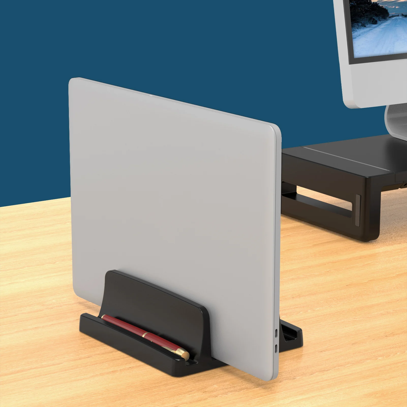 Verticale laptopstandaard voor bureau, plastic laptophouder met dubbele slots en ruimtebesparend ontwerp, laptopstandaard ondersteunt MacBook