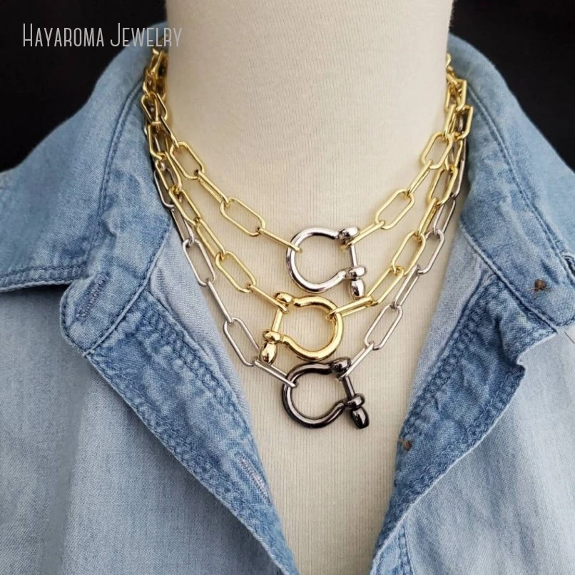 

10Pcs Shackled Choker Paperclip Chain Shackle Carabiner Horseshoe Clasp Necklace Women Horsebit Jewelry
