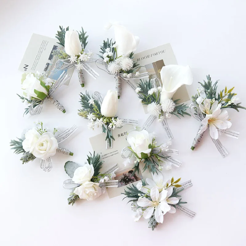 Boutonniere y ramillete de muñeca para boda, arte de flores, celebración de negocios, apertura de invitados, serie bosque gris blanco 482