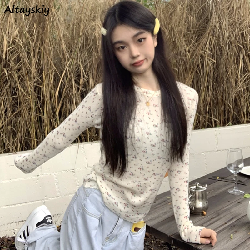 Floral Long Sleeve T-shirts for Women Vintage Slim European American Style Chic Basic Tops Simple All-match Stylish Teens Autumn