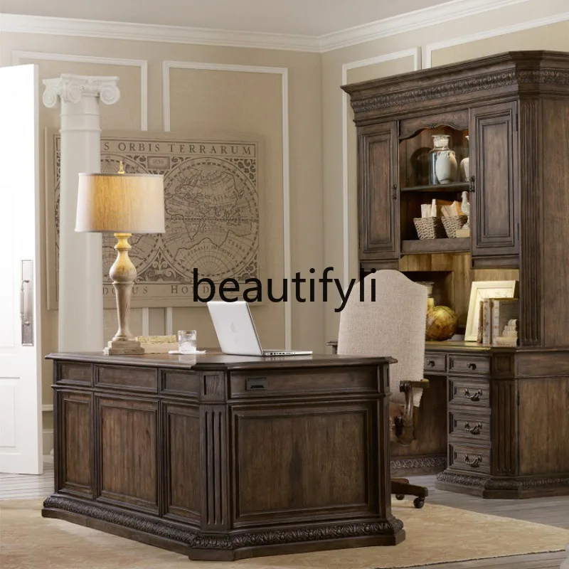 

American Retro Carved Desk Full Solid Wood Vintage Nordic Oak Office Writing Desk Computer Desk