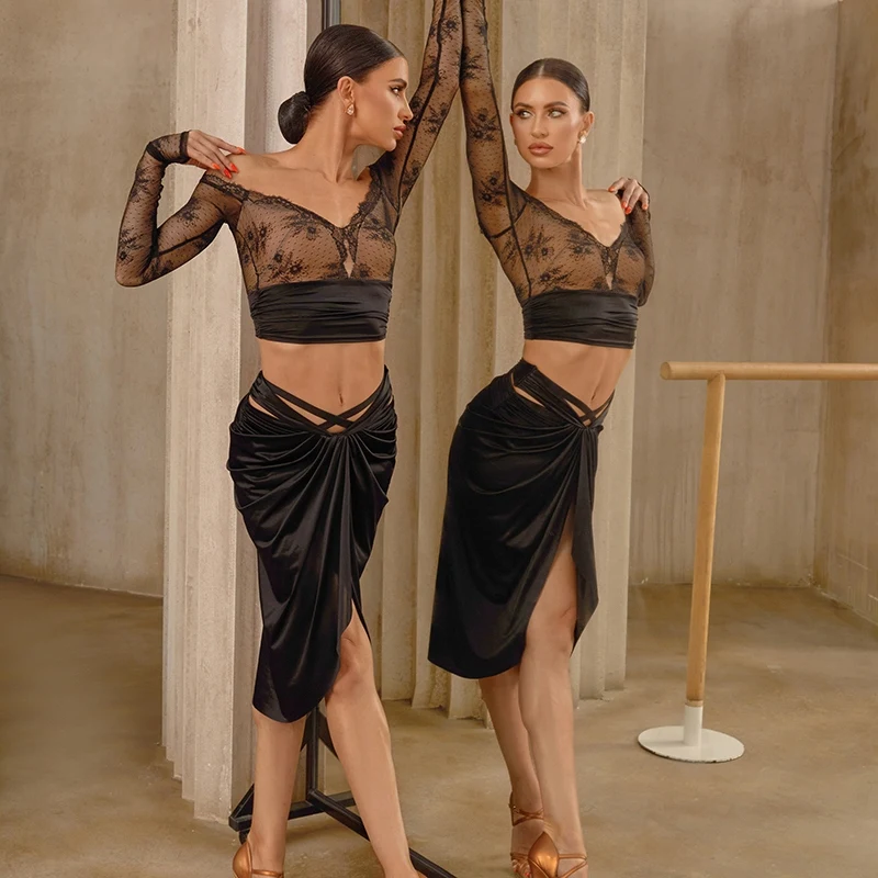 ZYM 라틴 댄스 공연 의류 여성 오프 숄더 긴 소매 레이스 탑 새틴 스커트 룸바 탱고 경쟁 드레스 DNV24650