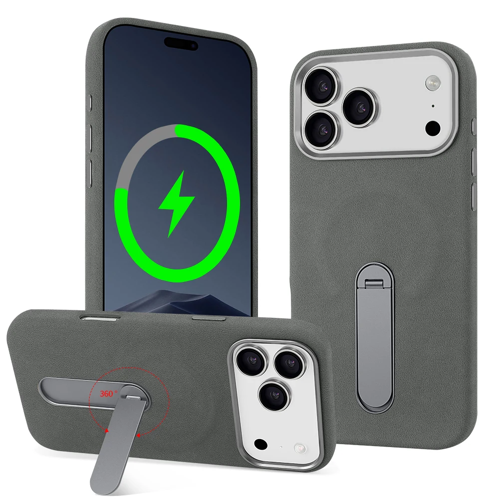 

Замшевый магнитный чехол для телефона из искусственной кожи для iPhone 17 pro с 360° ° Вращающийся металлический держатель, совместимый с iPhone 17/16/15 Pro Max