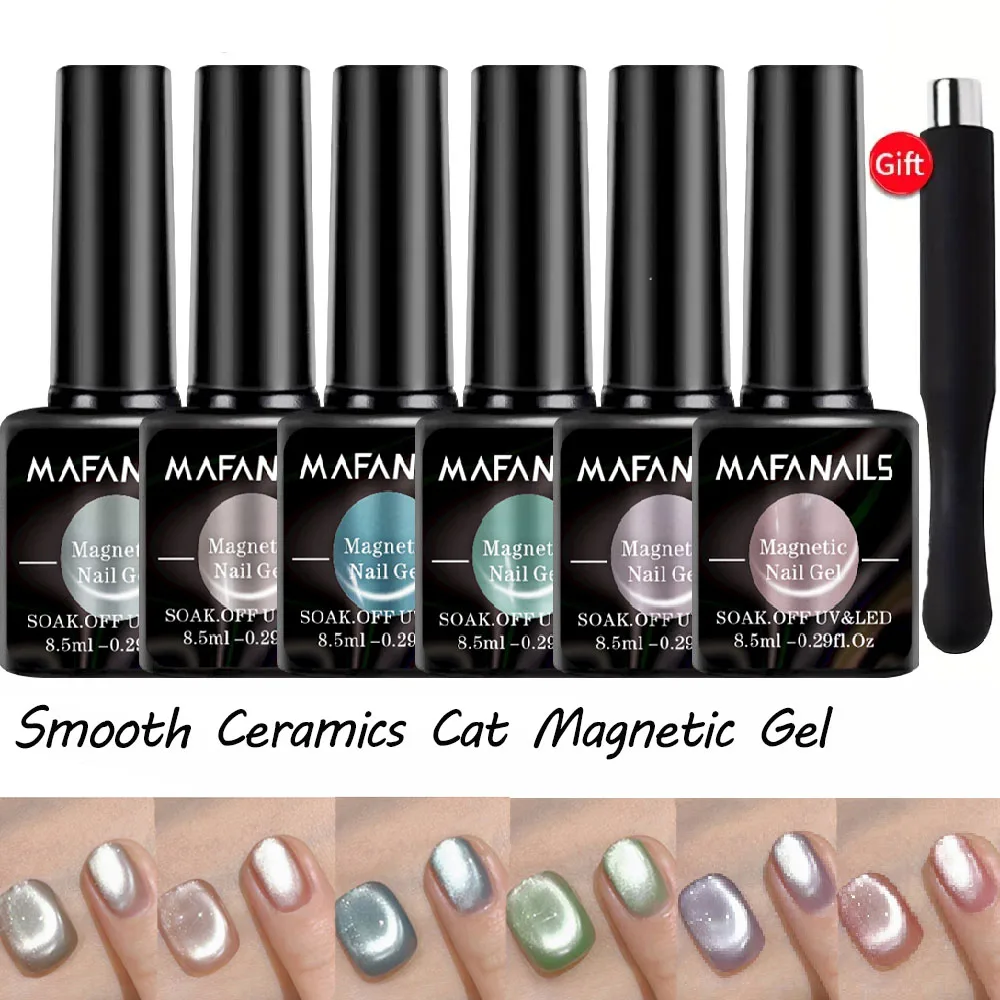 6pcs/set Smooth Ceramics Cat Magnetic Gel Nail Polish With Gift Magnet Soak Off UV Mirror Moonlight Cat\'s Eye Effect Gel Polish