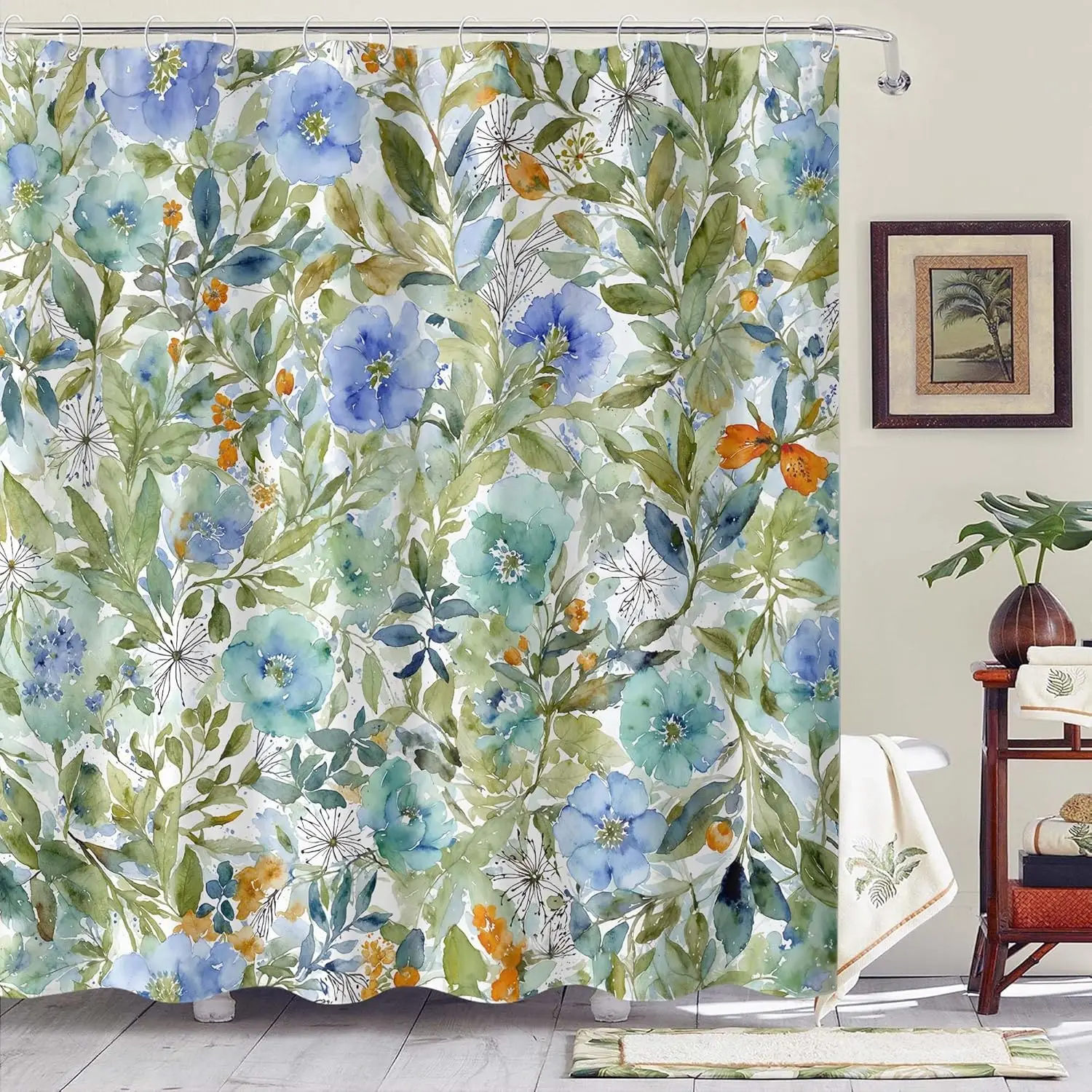 

Rexful Floral Shower Curtain Sets Blue Watercolor Floral Green Leaves Pattern Shower Curtain Botanical Garden Style Bath Decor