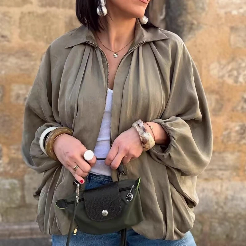 

Ruffles Jacket Women Ruched Zipper Lapel Pleated Loose Coat Ladies High Street Casual Shirt Jacket Autumn Spring Y2K Punk