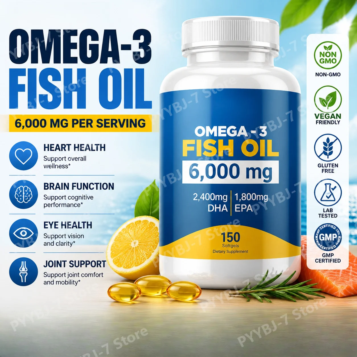 

PureVita Omega-3 Fish Oil 6000mg | High DHA & EPA Softgels | 150 Capsules | Heart, Brain & Joint Wellness Support, Odorless