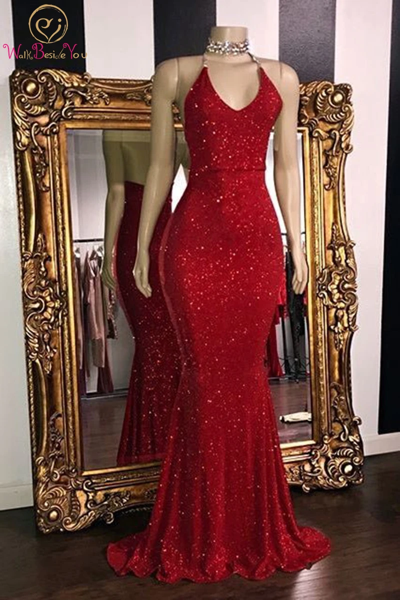 

Halter Neckline Sequined Evening Dress 2024 Mermaid Long Eelgant Dark Red Party Prom Gowns High School luxury Celebrity