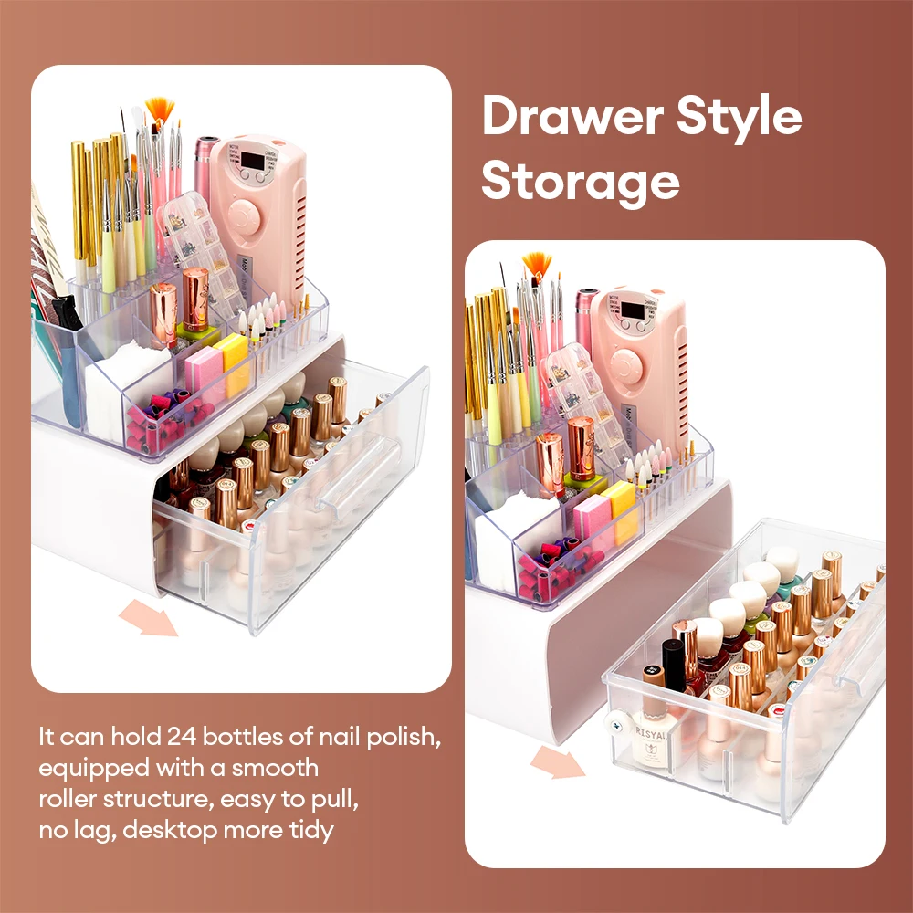 Nail Tech Organizer 53 Holes Nail Drill Holder with 24 Bottle Nail Polish Storage Box Multi Layer Manicure Tool Organizer Rack for Nail Art Supplies & Salon Desk