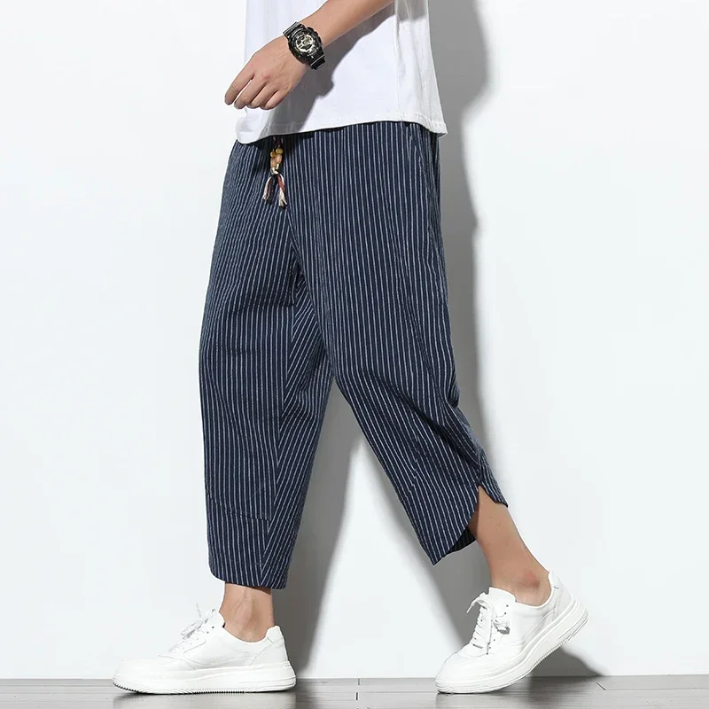 

2024 Summer Chinese style striped capri Pants men's linen loose Haren wide-leg pants Trend bloomers