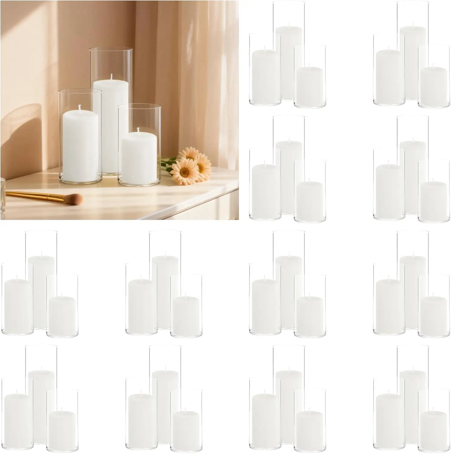 72-Piece White Pillar Candle and Glass Cylinder Vase Set, Candles 2