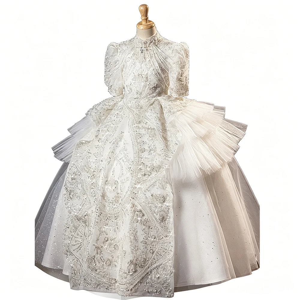 Luxury Princess Pageant And Wedding Bridesmaid Dress For Girls Kids Short Sleeve Evening Party And Formal Occasion Ball Gown