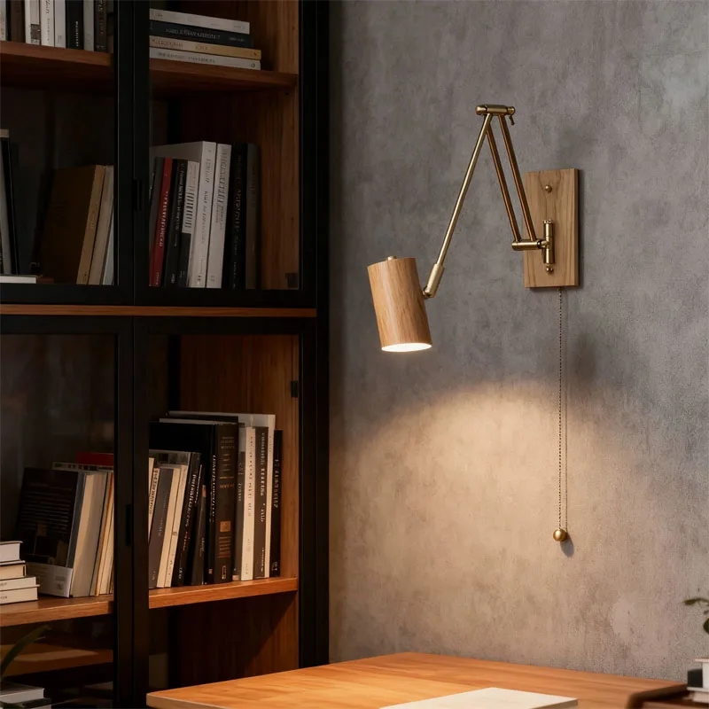 Modern wooden wall lighting bedroom bedside reading folding and retractable study arm wall lamp indoor lighting.