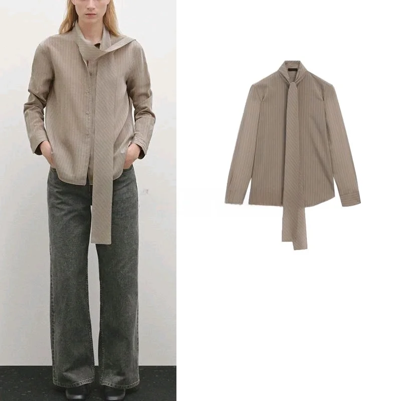 

Spring New Arrival Women's irt Casual Sle Long Sve Striped Chiffon Tie Top Lightweight Maturi Trend Polyester Fiber