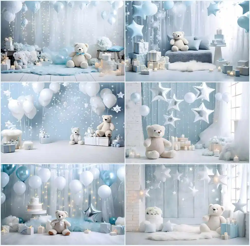 Mehofond Photography Background Light Blue Bear Star Interior Baby Shower Cake Smash Portrait Photo Studio Photocall Props