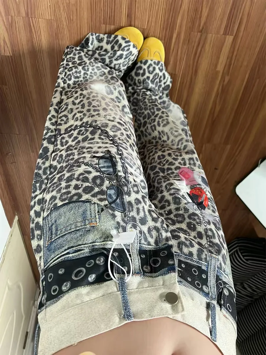 Trendy High Waist Wide Leg Pants Women's Hot Girl Streetwear Casual Loose Fit 3D Print Buxom Leopard Pattern Draping Trousers