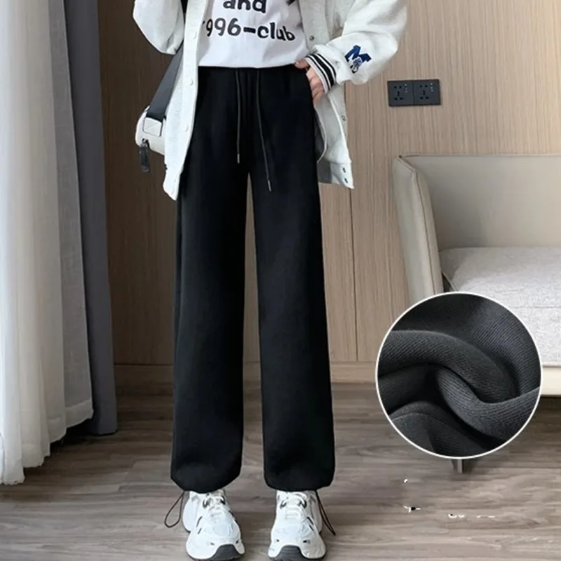 Women's Autumn Winter Solid Pockets Flocking Elastic High Waist Casual Loose Sports Wide Leg Trousers Fashion Office Lady Pants