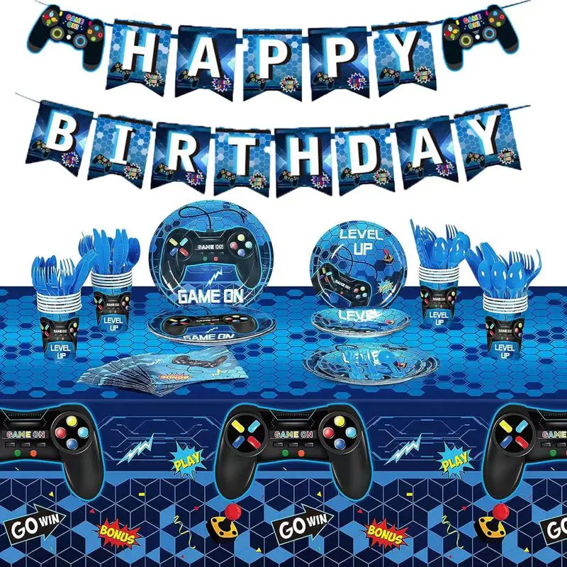 

Blue Game Controller Theme Birthday Party Paper Tray, Paper Cup, Paper Towel, Flag Pulling Tableware, Decoration Set Supplies