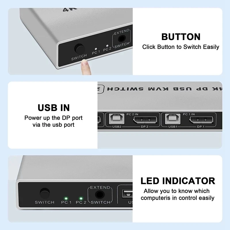 8K Displayport przełącznik KVM 2x1 8K 60Hz DP przełącznik KVM USB przełącznik KVM 2 w 1 wyjście Displayport 1.4 przełącznik KVM DP przełącznik USB