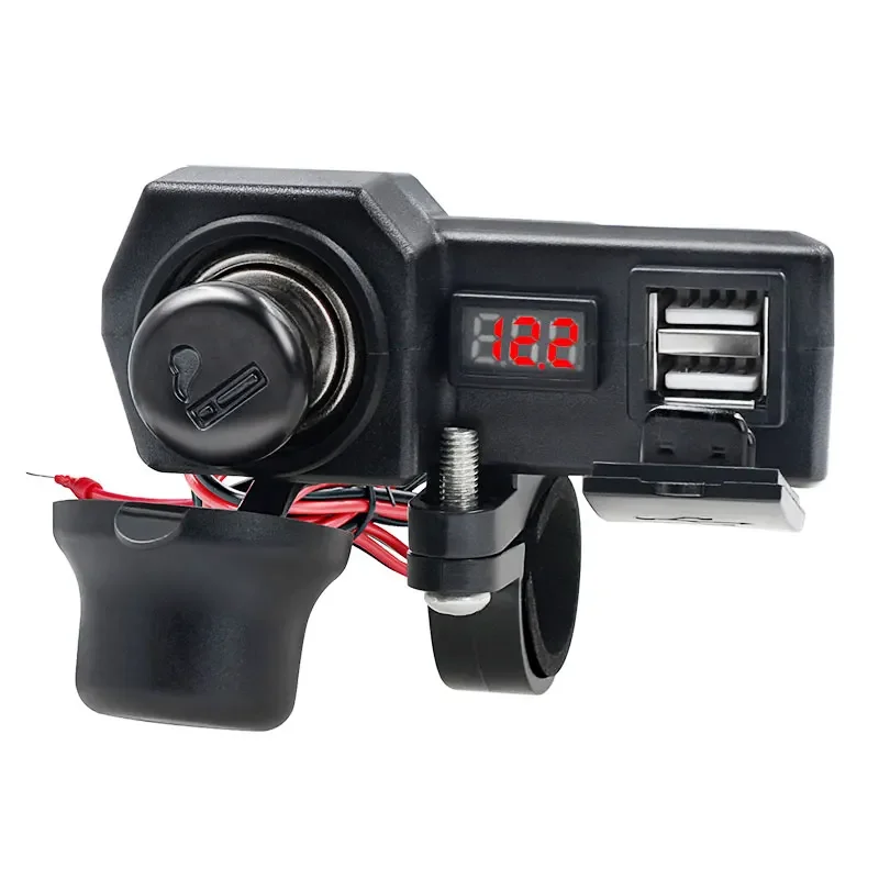 شاحن USB مزدوج للدراجات النارية مع منفذ مقبس ولاعة السجائر وعرض درجة الحرارة والجهد للهاتف اللوحي للشحن السريع