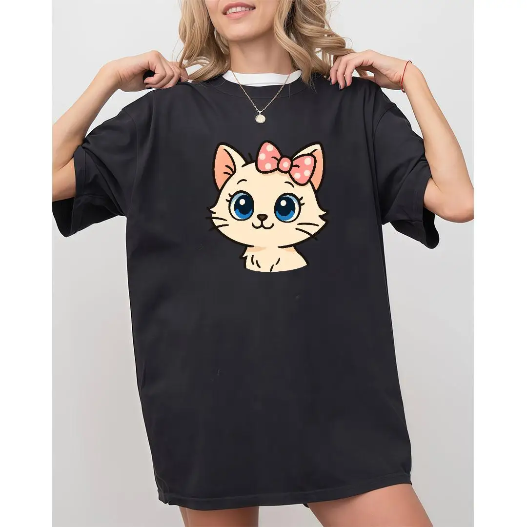

Cute Cartoon Cat T-Shirt, Big Eyes Kitten Pink Bow Graphic Tee, Unisex Kawaii Animal Lover Pet Mom Gift Casual Top