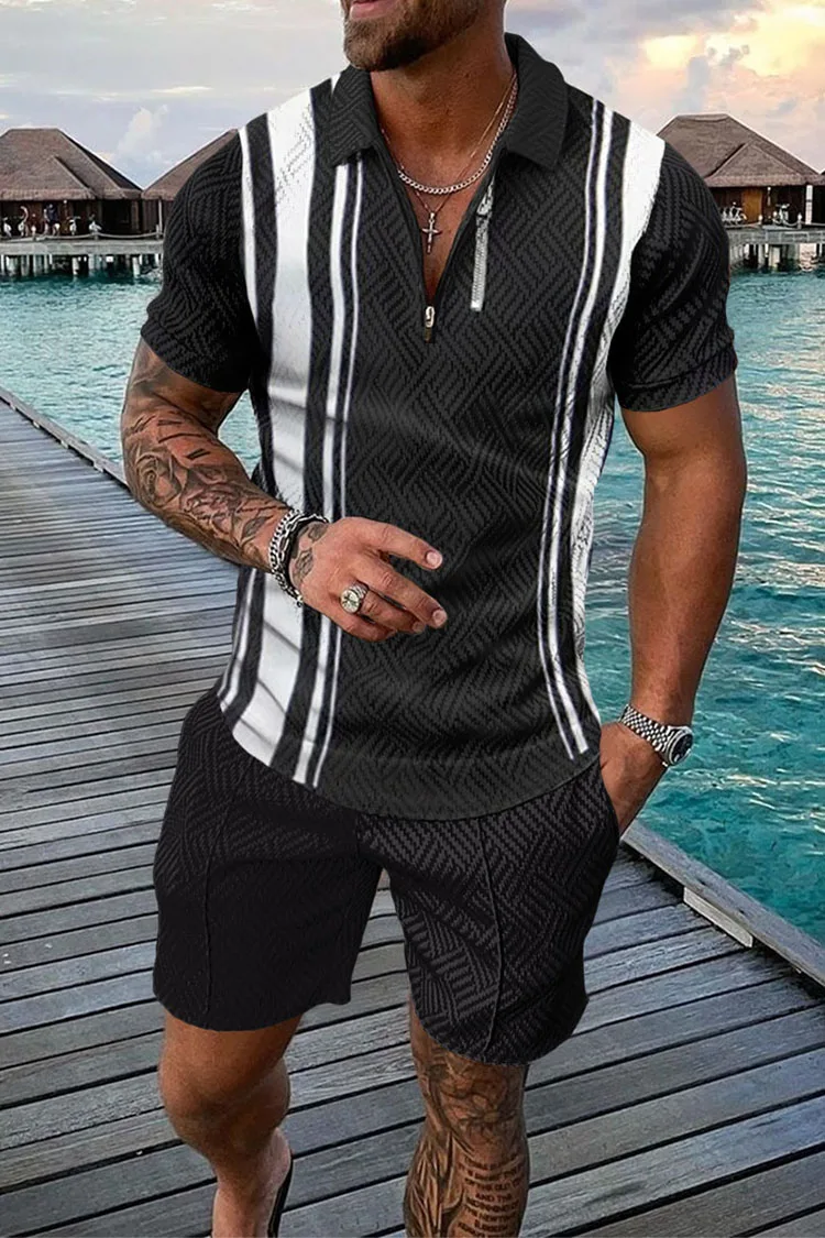 Men\'s Summer Casual Polo Shirt Set Male Fashion Tracksuit Solid Color Suit Trun Down Collar Zipper Clothing Vintage Outfit