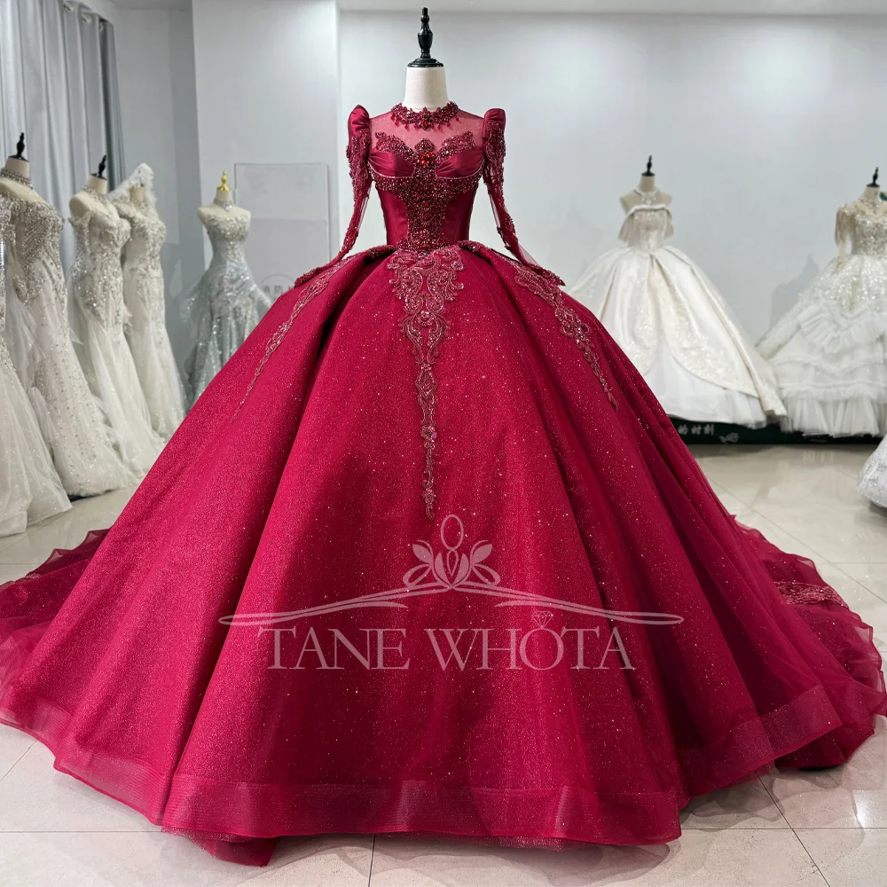 

Customizable Red Evening Dress Long Sleeve Lace-Up Keyhole Back Beaded Crystal Embroidery High Quality Women's Formal Gown