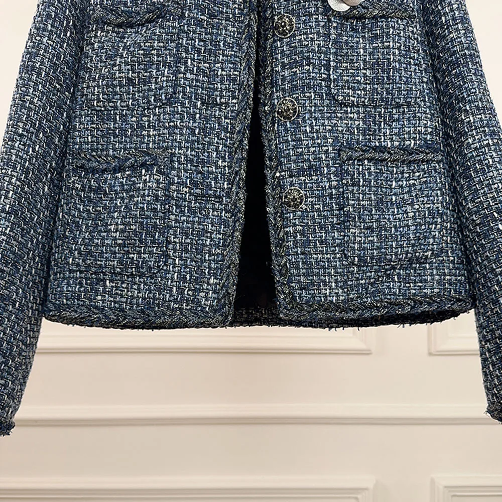 ALPHALMODA 2025 جديد، أزرق وأبيض، سترة قصيرة من التويد، رقبة دائرية، زهرة ثلاثية الأبعاد، مزينة، حافة خام، الجزء العلوي السفلي