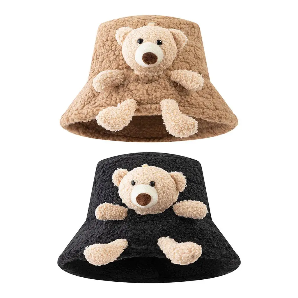 Women Warm Bucket Hat 3D Stuffed Outdoor Teddy Bear Wide Brim Cute Plush