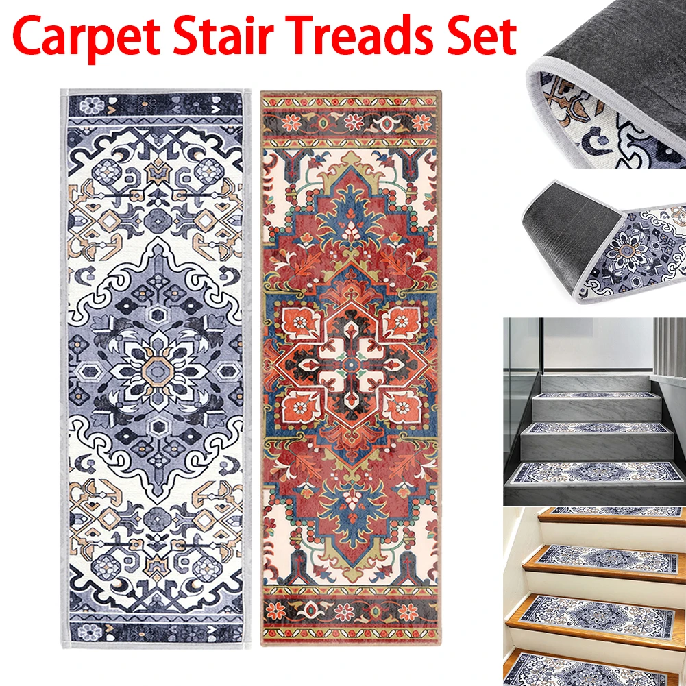 

15PCS Carpet Stair Treads Set Self-adhesive Backing Non Slip Rug Tread Reusable Indoor Stair Rugs Bohemian for Dogs Kids & Elder