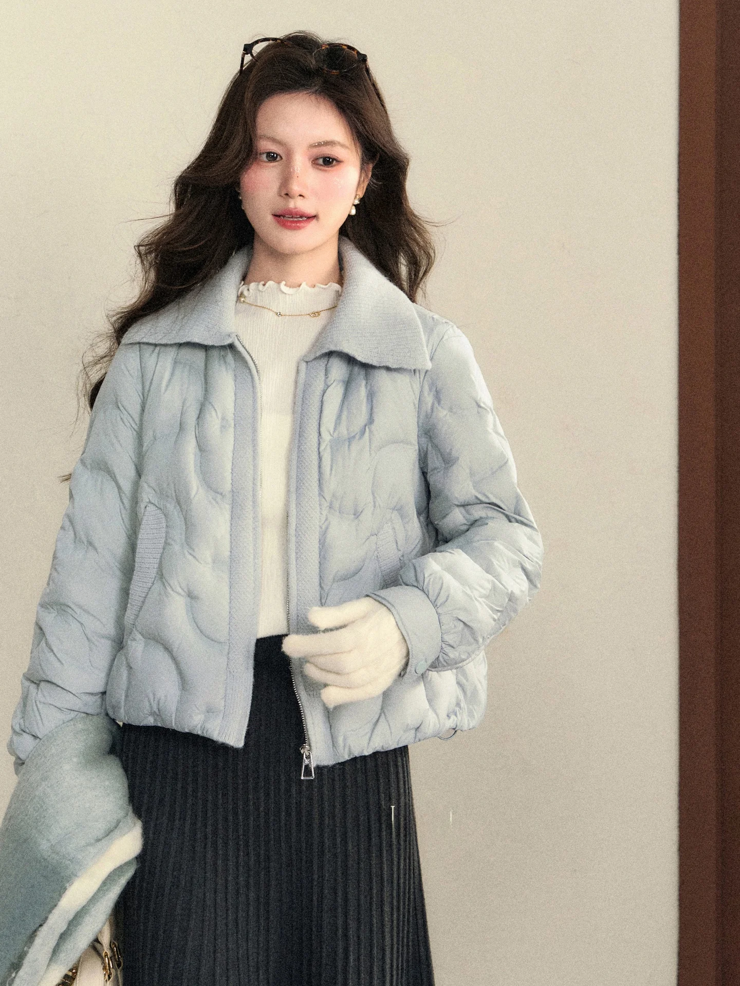 

Lightweight Duck down Puffer Jacket Women's Casual Style Pure Color Loose Fit Collar Stand up Coat South Deer Cloud Foam Blue
